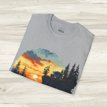 Remote Work Paradise T-Shirt - Wilderness Camper Van Sunset Tee - Digital Nomad Nature Office Shirt