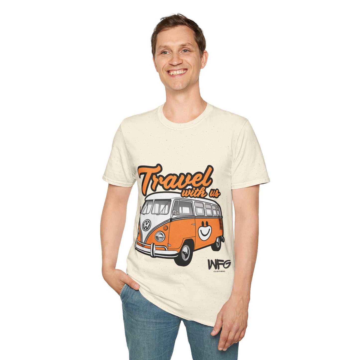 Happy Camper Van T-Shirt - Vintage 'Travel with Us' Road Trip Tee - Retro Van Life Adventure Shirt - Wanderlust Travel Top