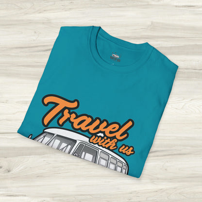 Happy Camper Van T-Shirt - Vintage 'Travel with Us' Road Trip Tee - Retro Van Life Adventure Shirt - Wanderlust Travel Top