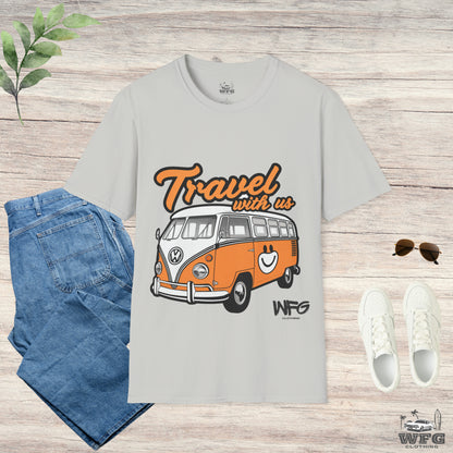 Happy Camper Van T-Shirt - Vintage 'Travel with Us' Road Trip Tee - Retro Van Life Adventure Shirt - Wanderlust Travel Top