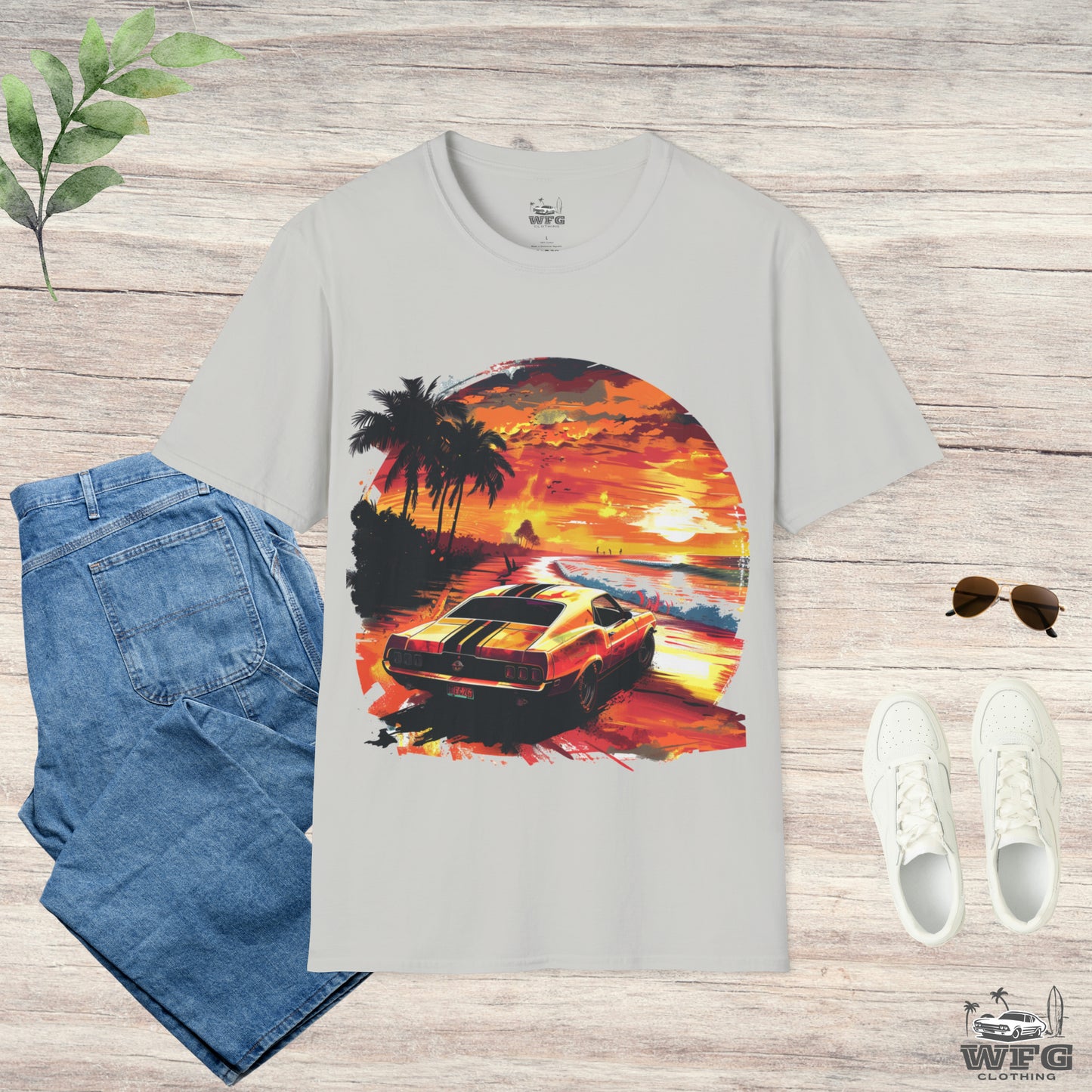 Sunset Roadster T-Shirt - Retro Muscle Car Beach Vibes Tee - Vibrant Surfside Classic Car Graphic Shirt