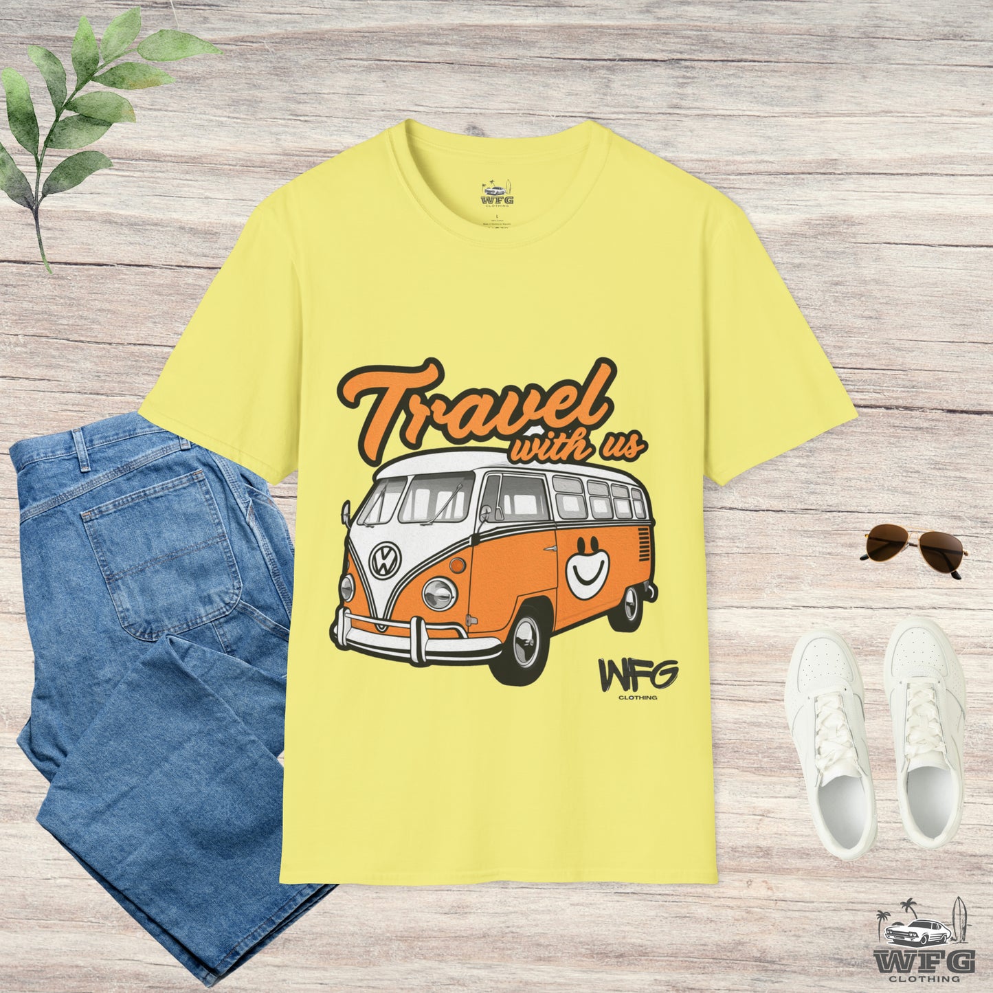 Happy Camper Van T-Shirt - Vintage 'Travel with Us' Road Trip Tee - Retro Van Life Adventure Shirt - Wanderlust Travel Top