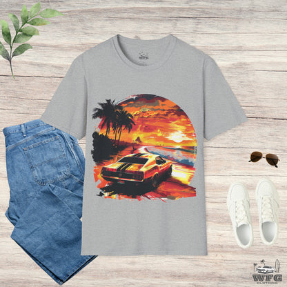 Sunset Roadster T-Shirt - Retro Muscle Car Beach Vibes Tee - Vibrant Surfside Classic Car Graphic Shirt