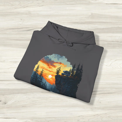 Remote Work Paradise  Hoodie - Wilderness Camper Van Sunset Hooded Sweatshirt