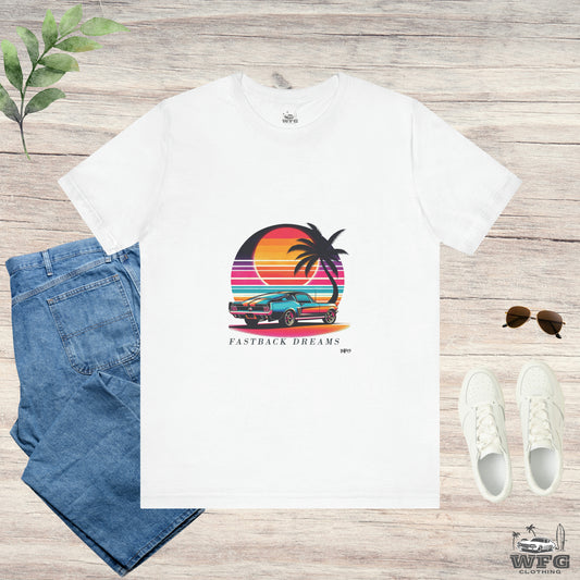 Fastback Dreams: Neon Sunset Classic American Muscle Car T-Shirt Sunset Beach Life Island Travel Tee