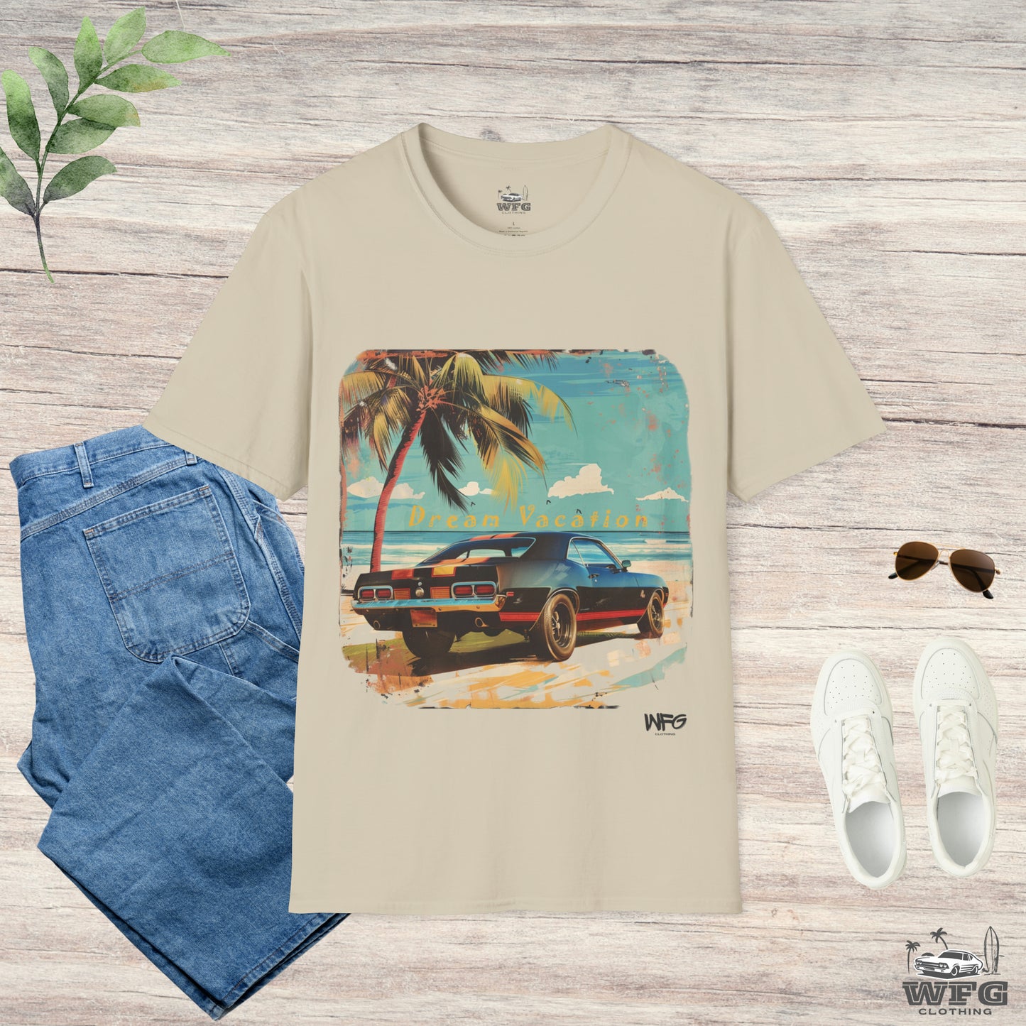 Dream Vacation Travel Tee Classic American Muscle Car T-Shirt - Retro Surfer Beach Summer Spring Shirt