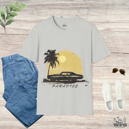 Chevelle SS Paradise Beach Island Travel Tee Classic American Muscle Car T-Shirt - Retro Surfer Summer Spring Shirt