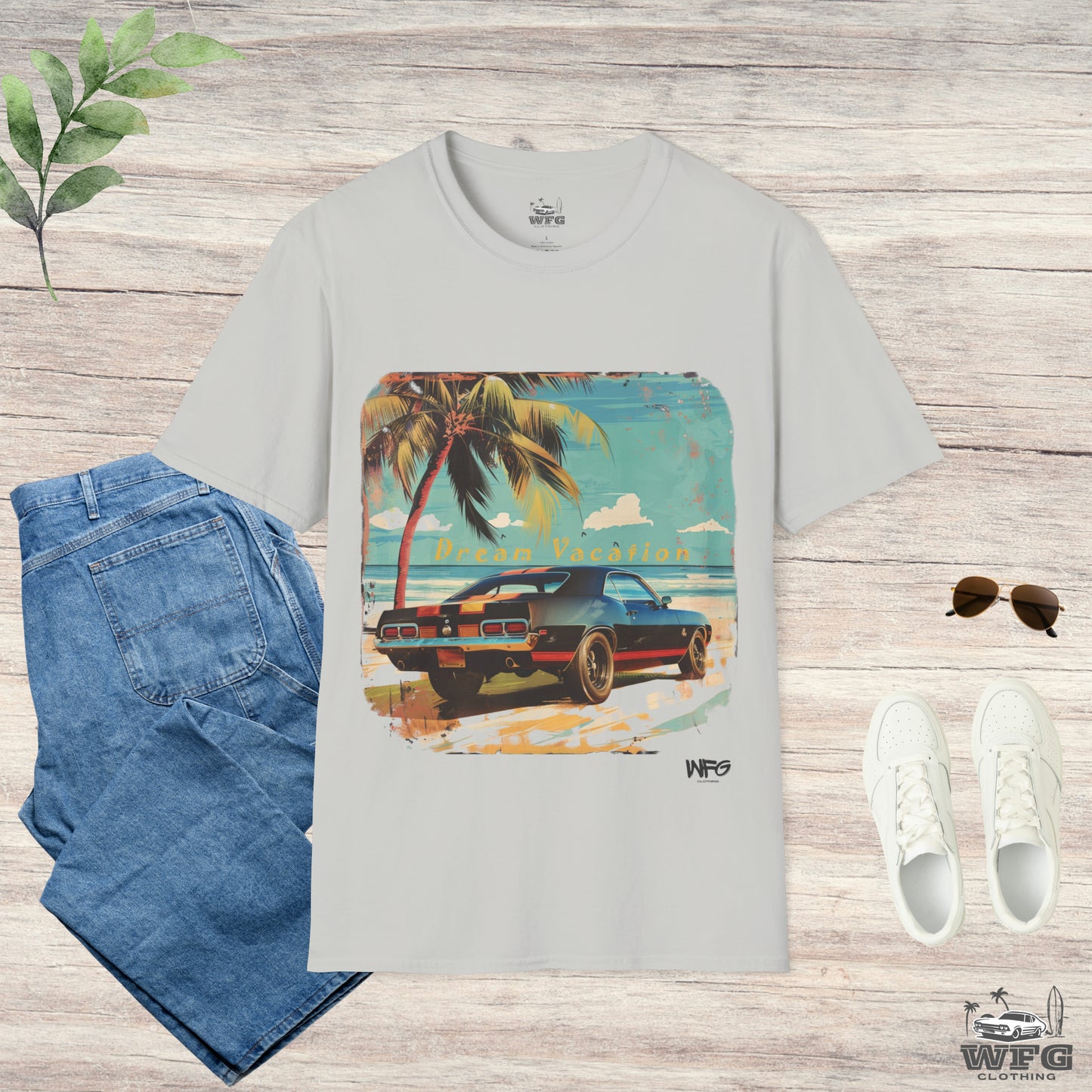 Dream Vacation Travel Tee Classic American Muscle Car T-Shirt - Retro Surfer Beach Summer Spring Shirt