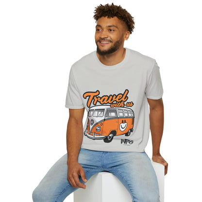 Happy Camper Van T-Shirt - Vintage 'Travel with Us' Road Trip Tee - Retro Van Life Adventure Shirt - Wanderlust Travel Top