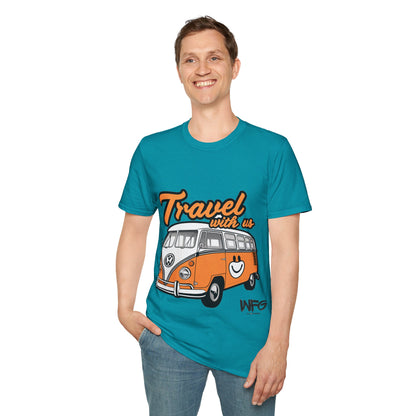 Happy Camper Van T-Shirt - Vintage 'Travel with Us' Road Trip Tee - Retro Van Life Adventure Shirt - Wanderlust Travel Top