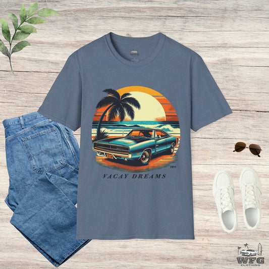 Vacay Dreams Charger Under the MoonClassic American Muscle Car T-Shirt Sunset Beach Life Island Travel Tee Retro Surfer Summer Spring Shirt