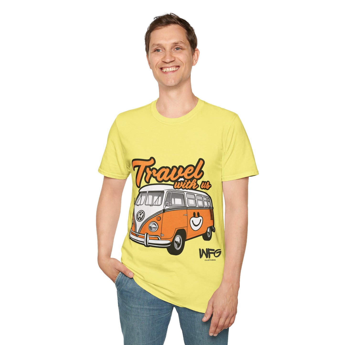 Happy Camper Van T-Shirt - Vintage 'Travel with Us' Road Trip Tee - Retro Van Life Adventure Shirt - Wanderlust Travel Top