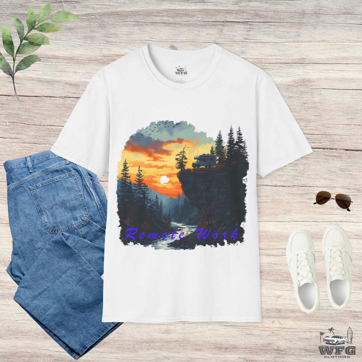 Remote Work Paradise T-Shirt - Wilderness Camper Van Sunset Tee - Digital Nomad Nature Office Shirt