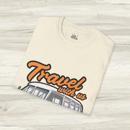 Happy Camper Van T-Shirt - Vintage 'Travel with Us' Road Trip Tee - Retro Van Life Adventure Shirt - Wanderlust Travel Top