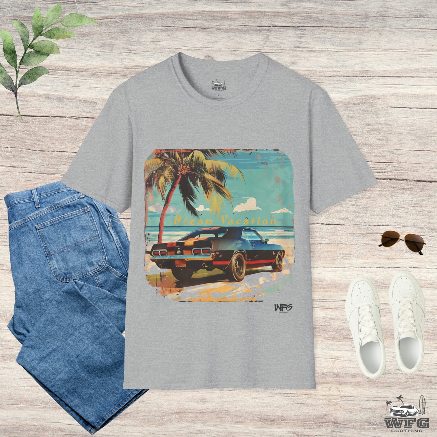 Dream Vacation Travel Tee Classic American Muscle Car T-Shirt - Retro Surfer Beach Summer Spring Shirt