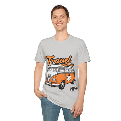 Happy Camper Van T-Shirt - Vintage 'Travel with Us' Road Trip Tee - Retro Van Life Adventure Shirt - Wanderlust Travel Top