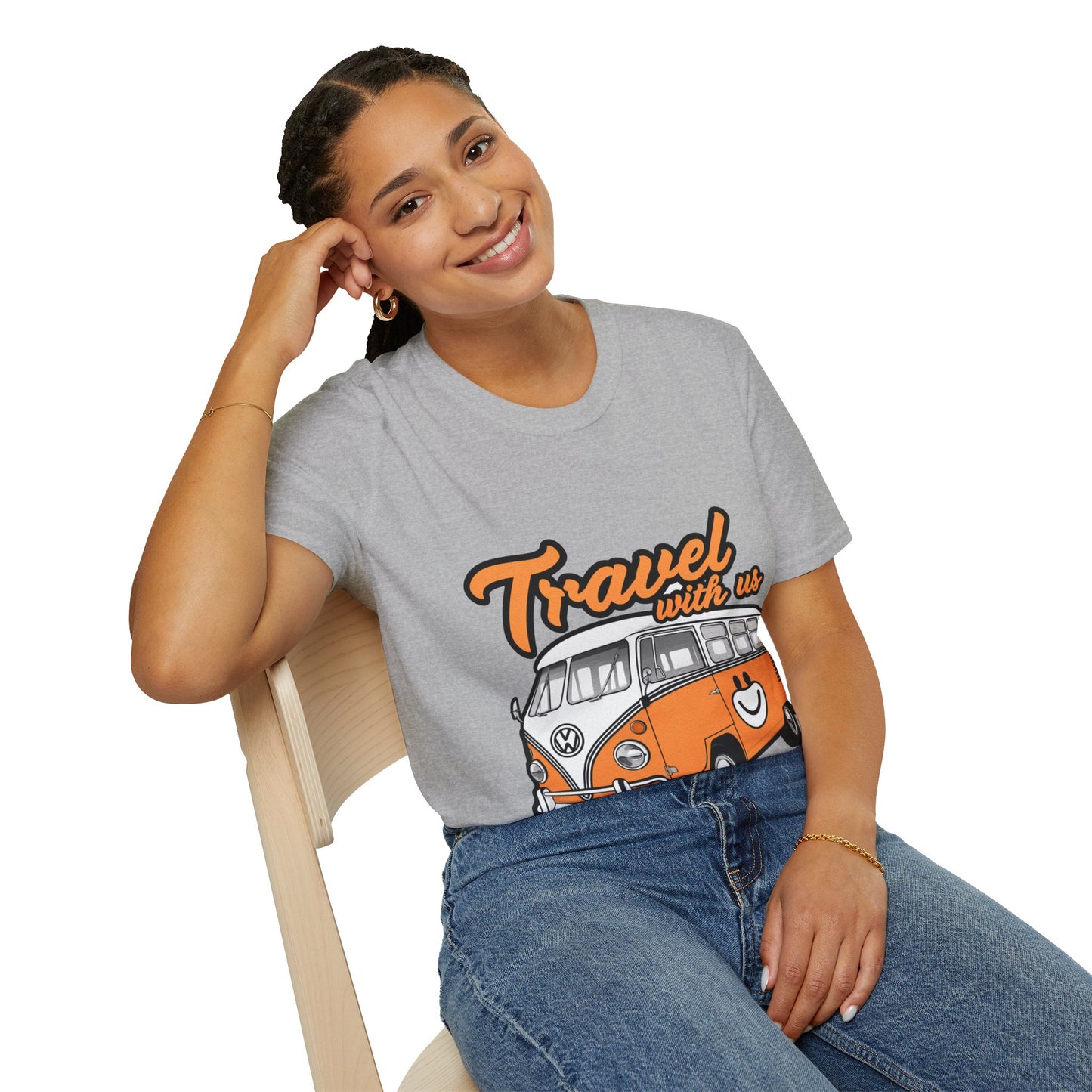 Happy Camper Van T-Shirt - Vintage 'Travel with Us' Road Trip Tee - Retro Van Life Adventure Shirt - Wanderlust Travel Top