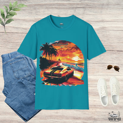 Sunset Roadster T-Shirt - Retro Muscle Car Beach Vibes Tee - Vibrant Surfside Classic Car Graphic Shirt