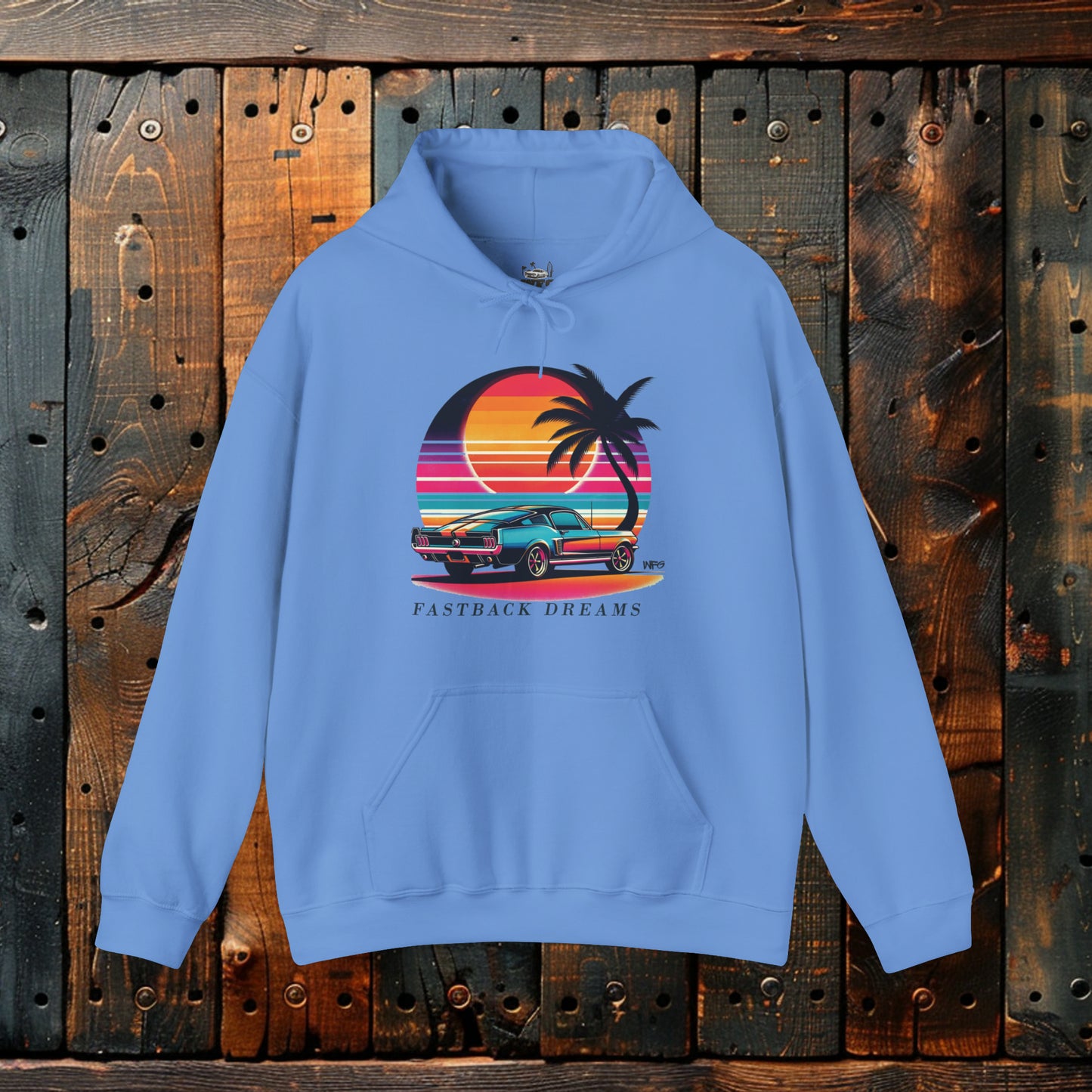 Fastback Dreams: Neon Sunset Classic American Muscle Car Hoodie Sunset Beach Life Island Travel Hooded Sweatshirt