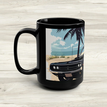 Classic Muscle Car Beach Cruise Black Mug, 15oz Coffee Tea Drink Summer Time