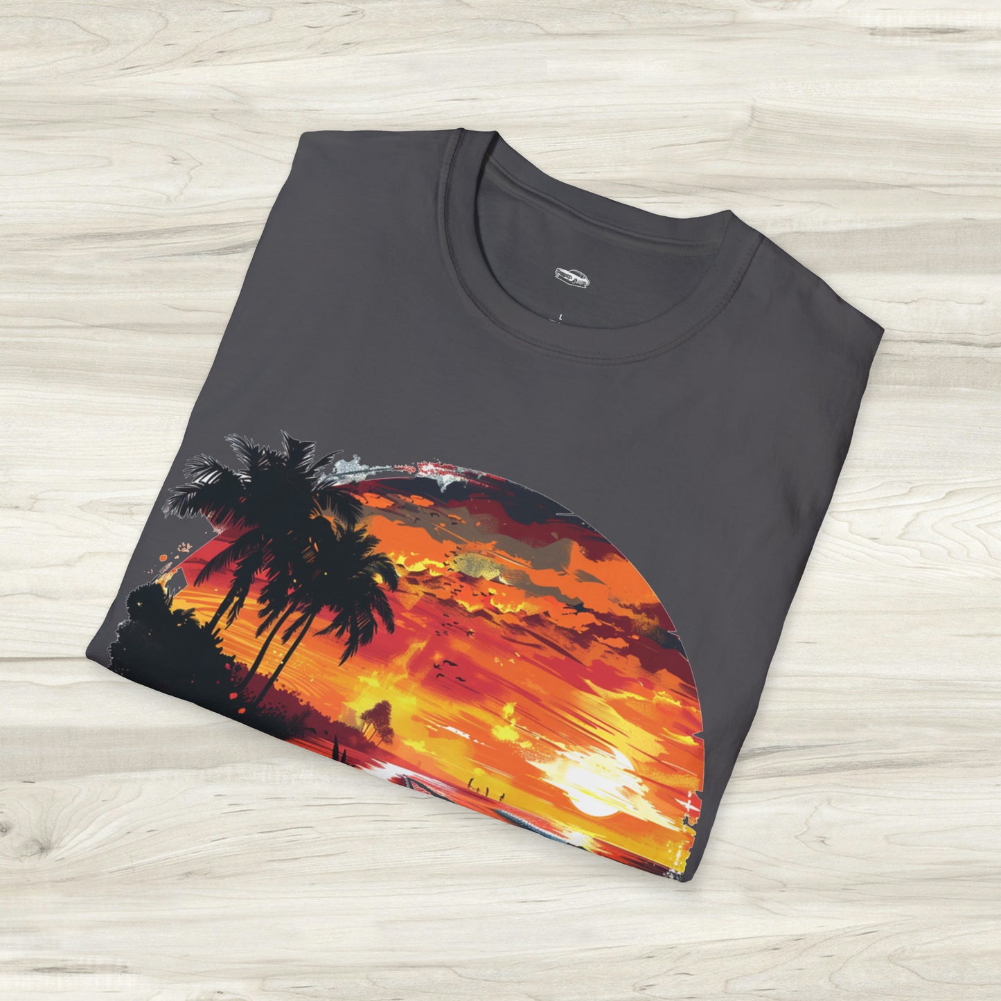 Sunset Roadster T-Shirt - Retro Muscle Car Beach Vibes Tee - Vibrant Surfside Classic Car Graphic Shirt