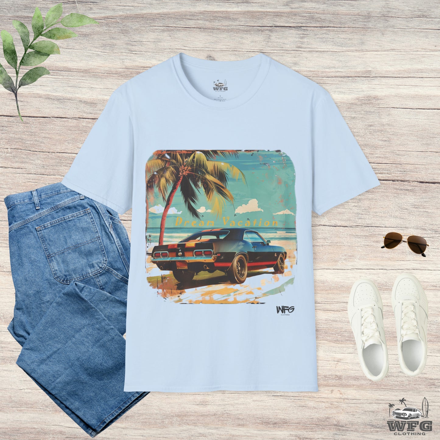 Dream Vacation Travel Tee Classic American Muscle Car T-Shirt - Retro Surfer Beach Summer Spring Shirt