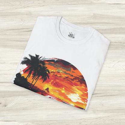 Sunset Roadster T-Shirt - Retro Muscle Car Beach Vibes Tee - Vibrant Surfside Classic Car Graphic Shirt