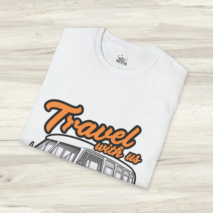 Happy Camper Van T-Shirt - Vintage 'Travel with Us' Road Trip Tee - Retro Van Life Adventure Shirt - Wanderlust Travel Top