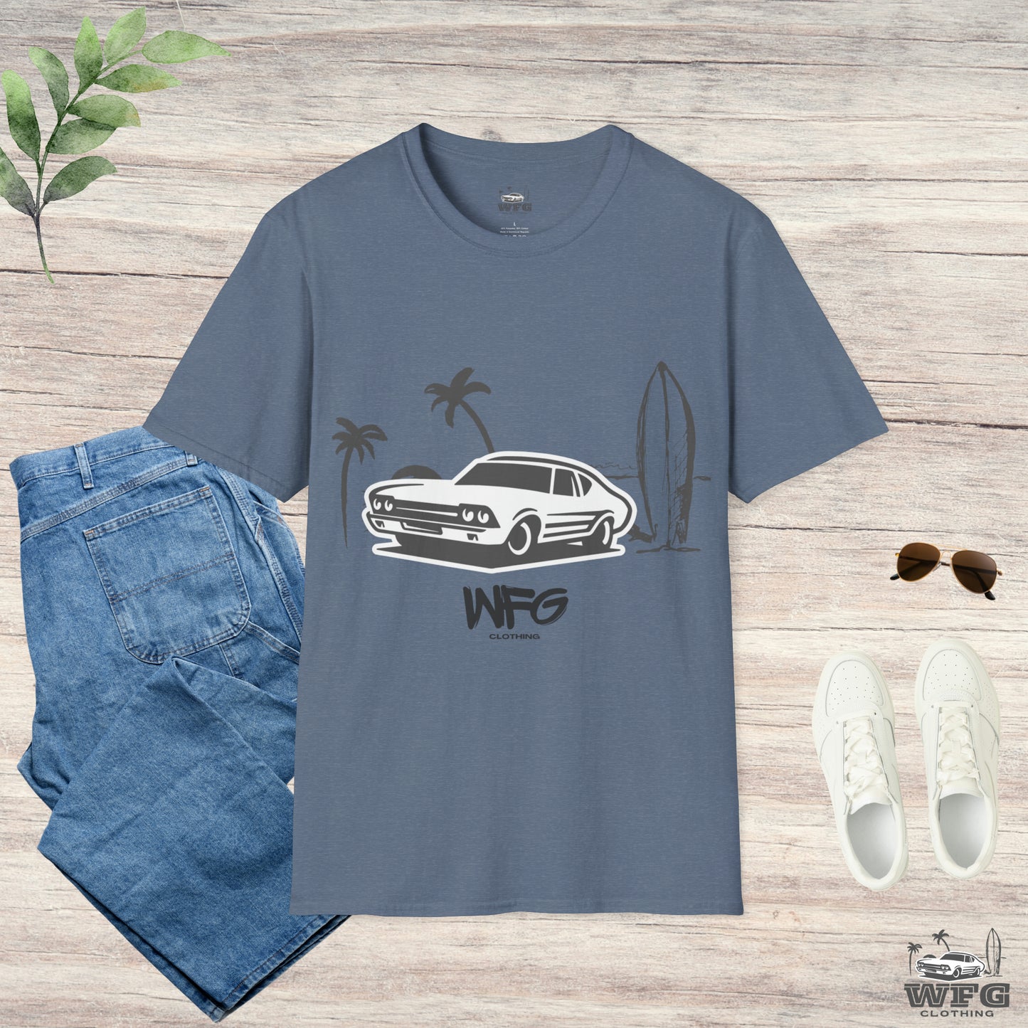 WFG Surf & Turf Muscle Car Beach Tee, Classic Muscle Car Chevelle T-Shirt Summer Fun Surfer Lifestyle