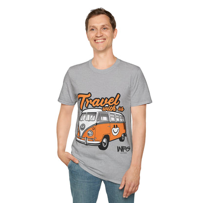 Happy Camper Van T-Shirt - Vintage 'Travel with Us' Road Trip Tee - Retro Van Life Adventure Shirt - Wanderlust Travel Top