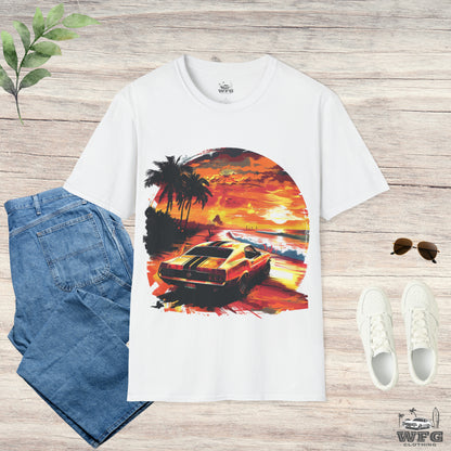 Sunset Roadster T-Shirt - Retro Muscle Car Beach Vibes Tee - Vibrant Surfside Classic Car Graphic Shirt