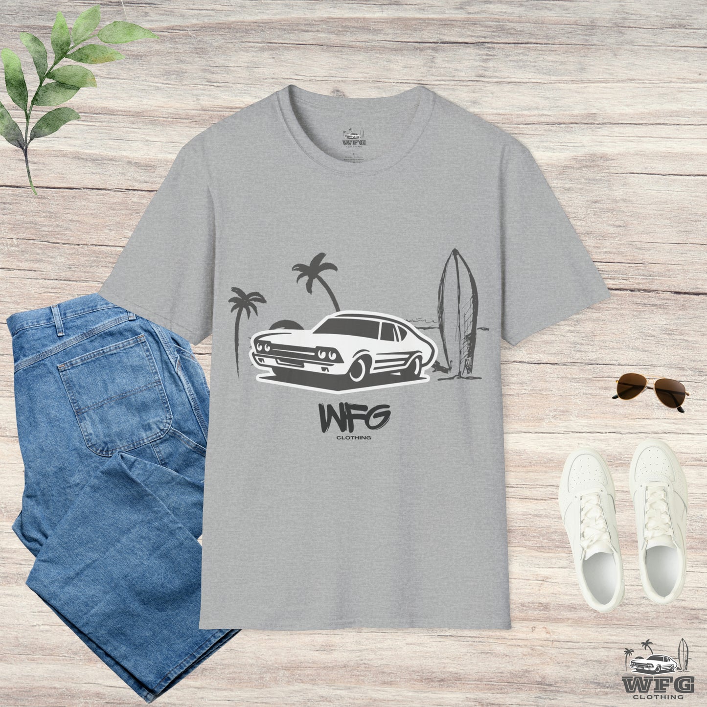 WFG Surf & Turf Muscle Car Beach Tee, Classic Muscle Car Chevelle T-Shirt Summer Fun Surfer Lifestyle