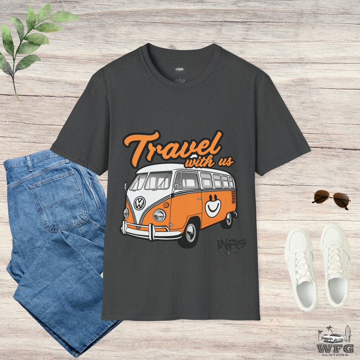 Happy Camper Van T-Shirt - Vintage 'Travel with Us' Road Trip Tee - Retro Van Life Adventure Shirt - Wanderlust Travel Top