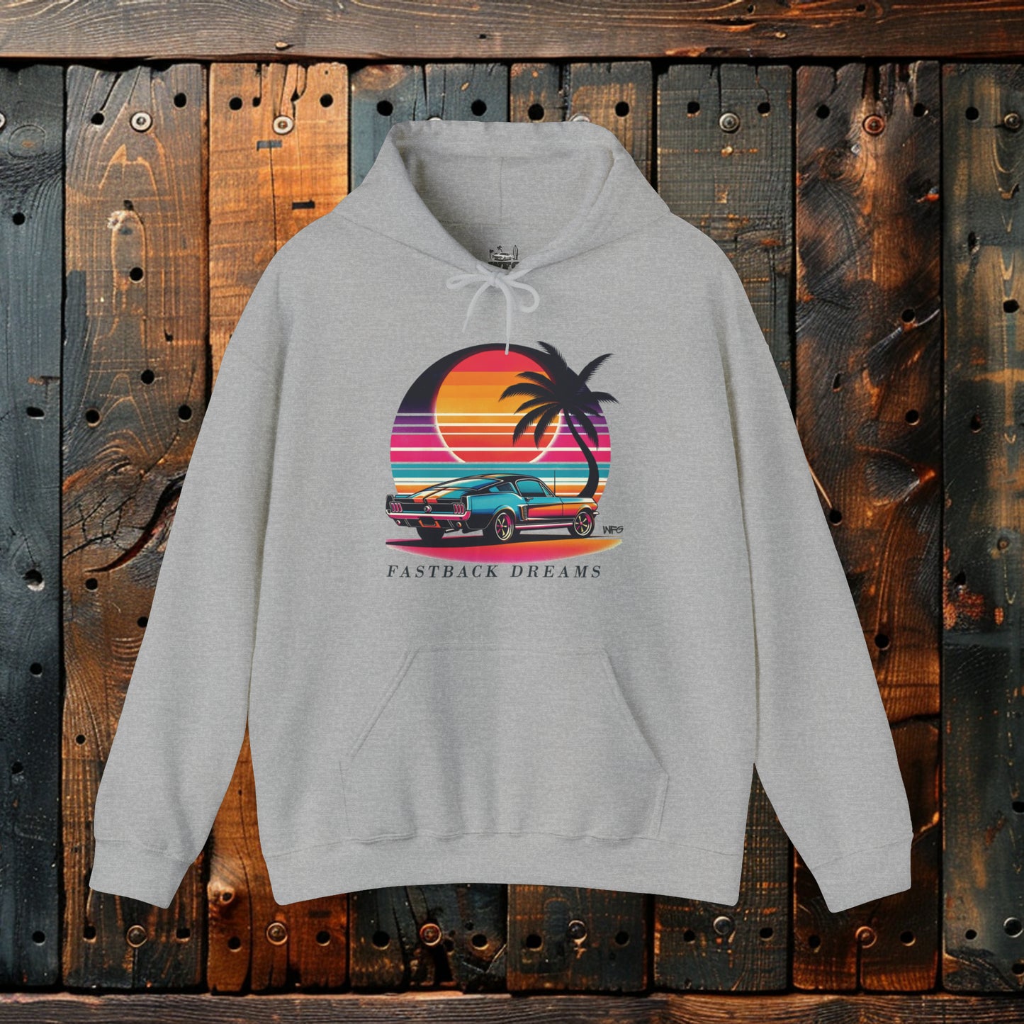 Fastback Dreams: Neon Sunset Classic American Muscle Car Hoodie Sunset Beach Life Island Travel Hooded Sweatshirt