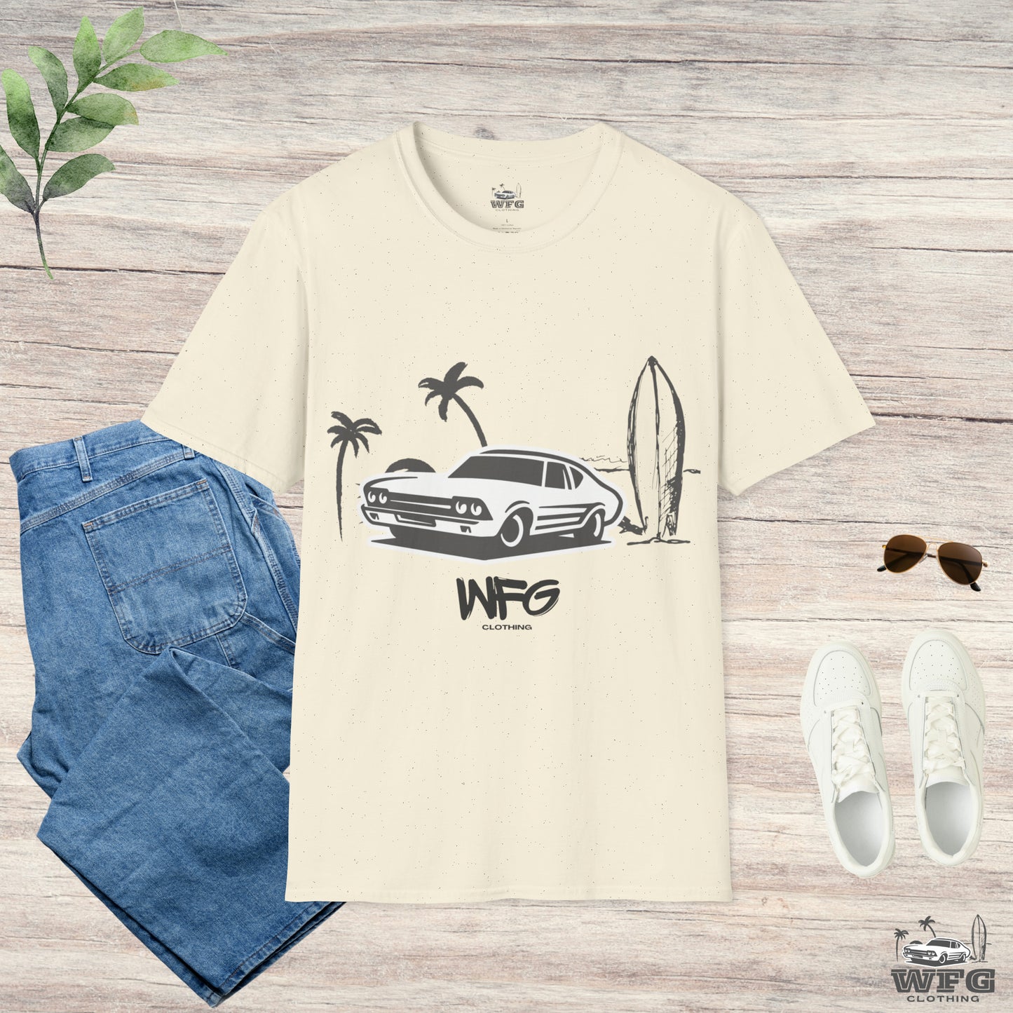 WFG Surf & Turf Muscle Car Beach Tee, Classic Muscle Car Chevelle T-Shirt Summer Fun Surfer Lifestyle