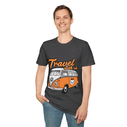 Happy Camper Van T-Shirt - Vintage 'Travel with Us' Road Trip Tee - Retro Van Life Adventure Shirt - Wanderlust Travel Top