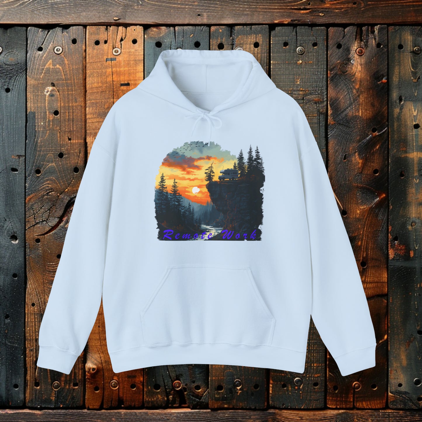 Remote Work Paradise  Hoodie - Wilderness Camper Van Sunset Hooded Sweatshirt