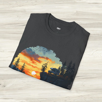 Remote Work Paradise T-Shirt - Wilderness Camper Van Sunset Tee - Digital Nomad Nature Office Shirt