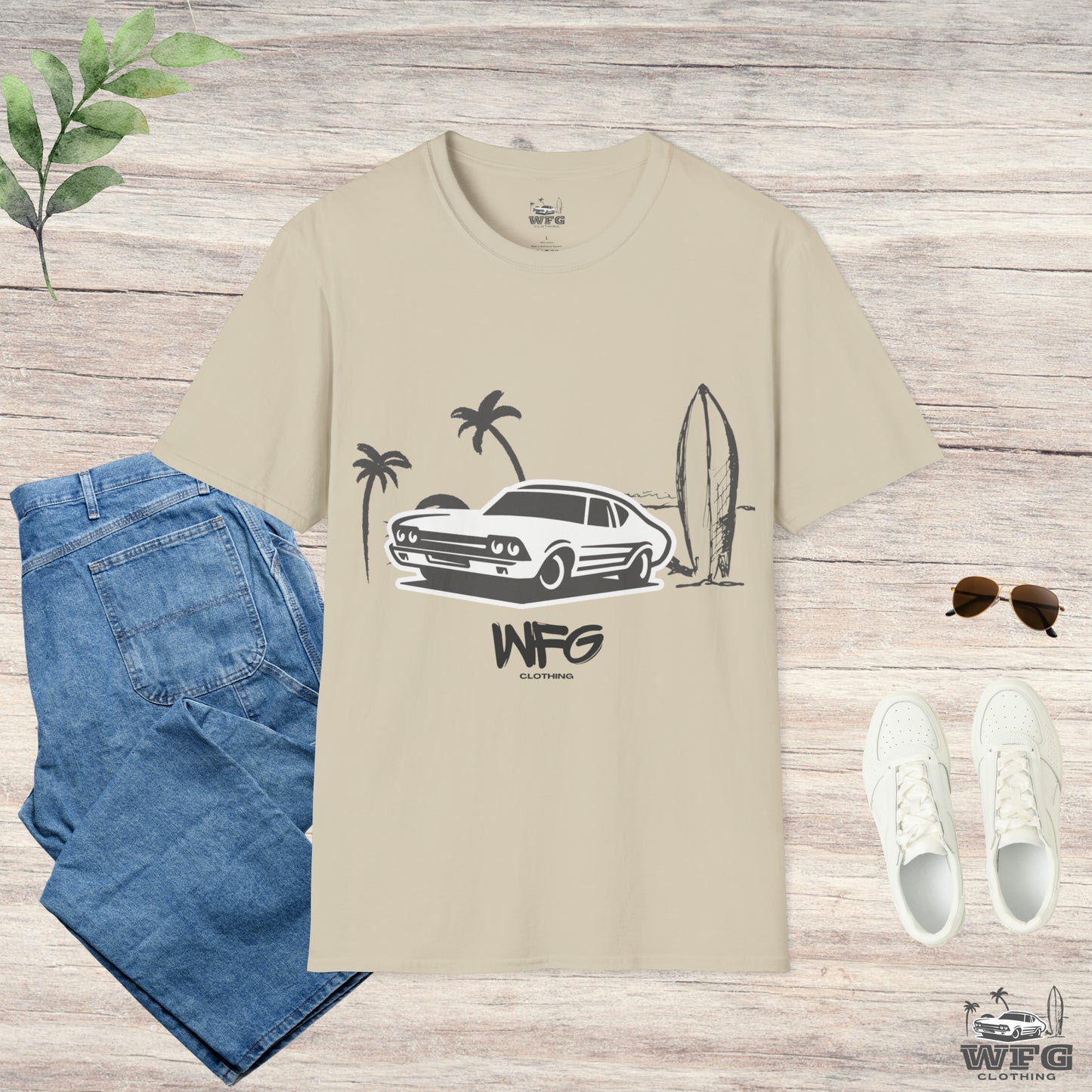 WFG Surf & Turf Muscle Car Beach Tee, Classic Muscle Car Chevelle T-Shirt Summer Fun Surfer Lifestyle