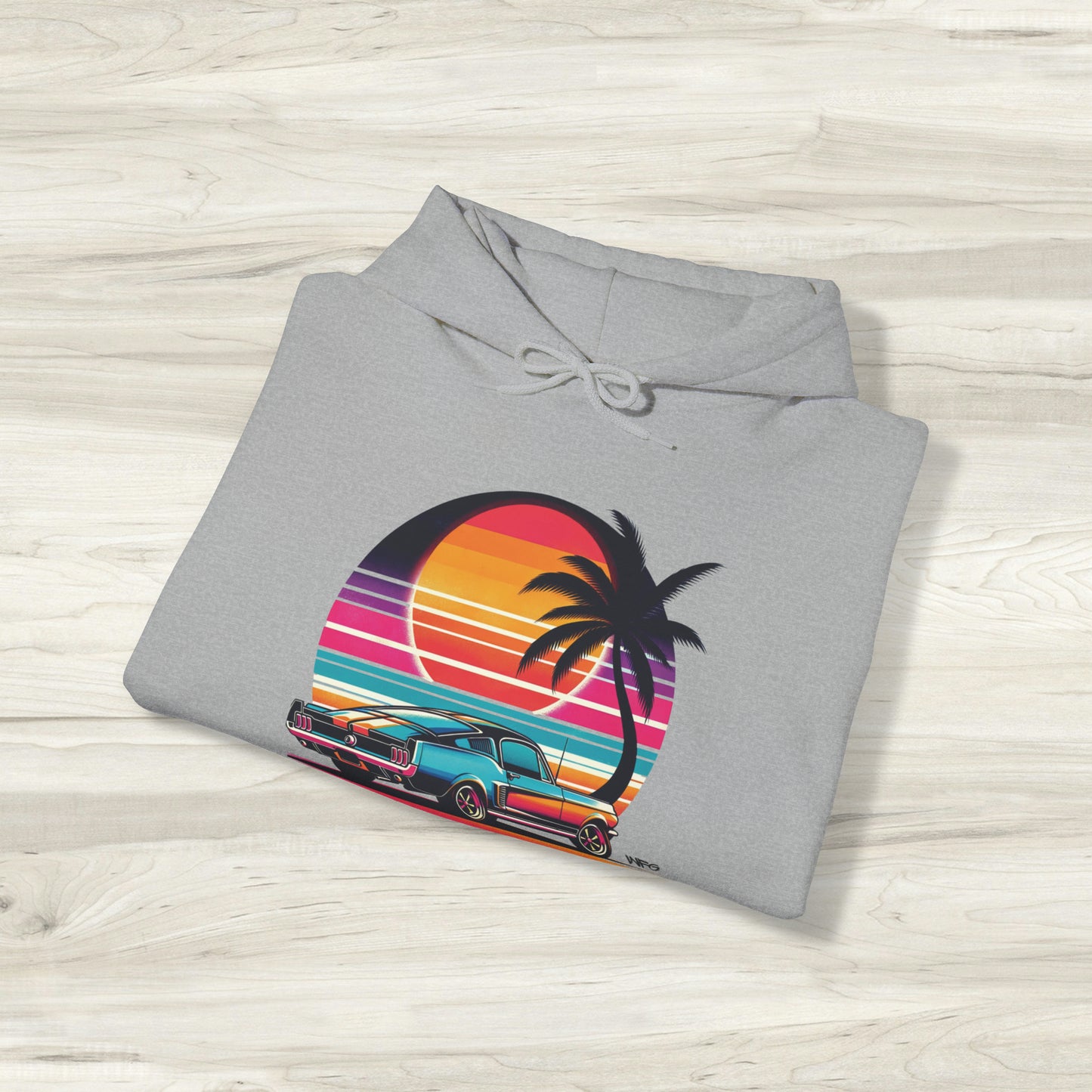 Fastback Dreams: Neon Sunset Classic American Muscle Car Hoodie Sunset Beach Life Island Travel Hooded Sweatshirt