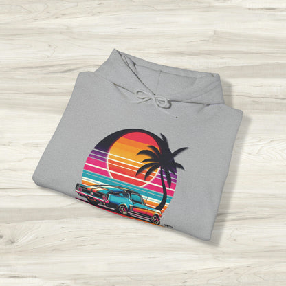 Fastback Dreams: Neon Sunset Classic American Muscle Car Hoodie Sunset Beach Life Island Travel Hooded Sweatshirt