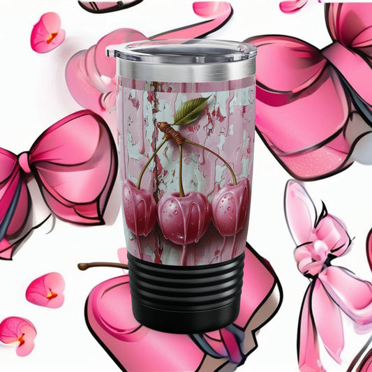 Cute Coquette Pink Cherry Drip Ringneck Tumbler, 20oz Colorful Art Drinkware