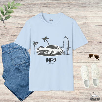 WFG Surf & Turf Muscle Car Beach Tee, Classic Muscle Car Chevelle T-Shirt Summer Fun Surfer Lifestyle