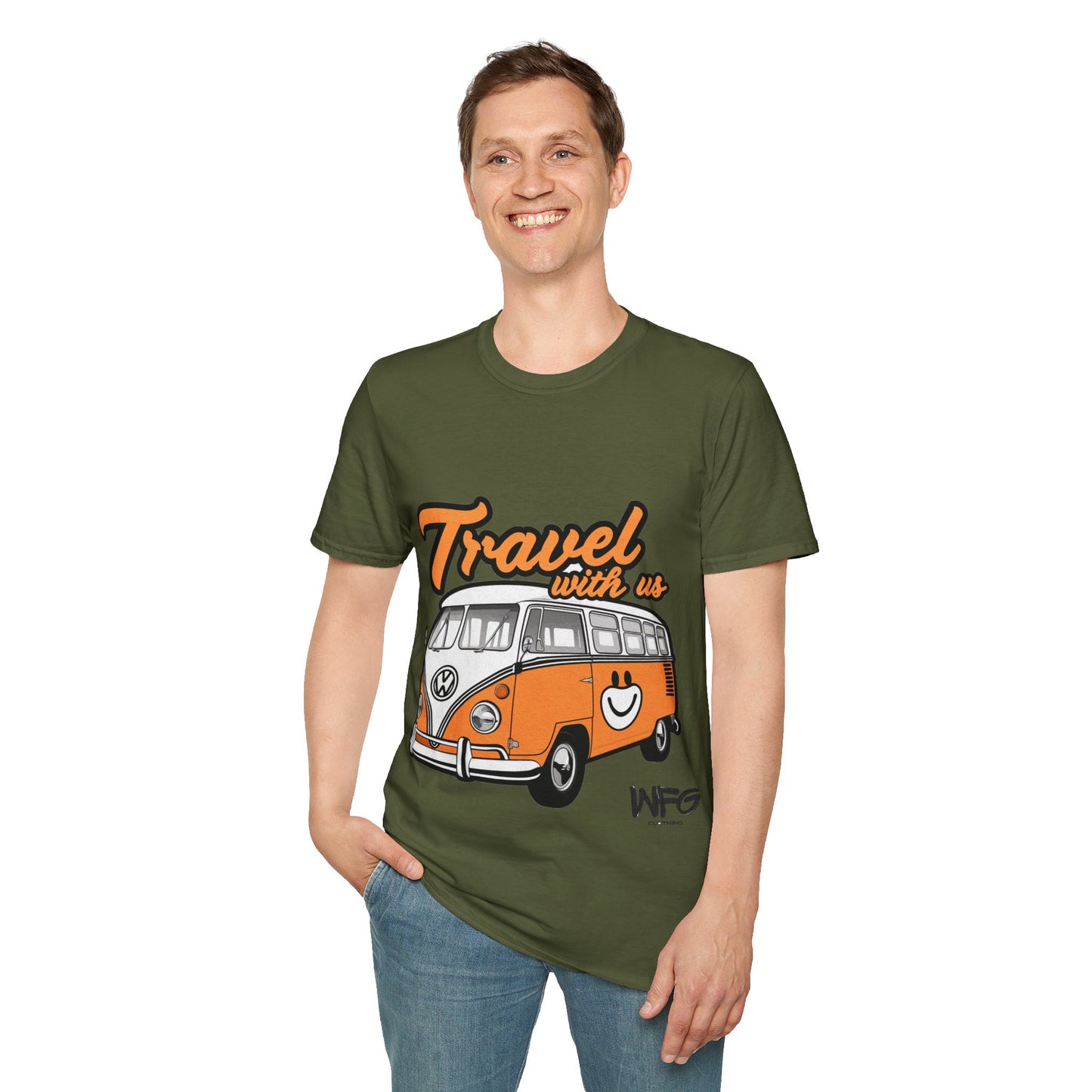 Happy Camper Van T-Shirt - Vintage 'Travel with Us' Road Trip Tee - Retro Van Life Adventure Shirt - Wanderlust Travel Top