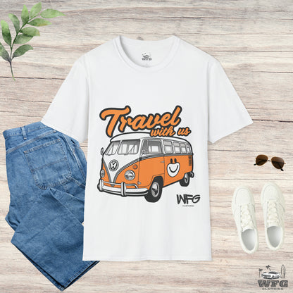 Happy Camper Van T-Shirt - Vintage 'Travel with Us' Road Trip Tee - Retro Van Life Adventure Shirt - Wanderlust Travel Top