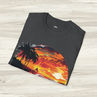 Sunset Roadster T-Shirt - Retro Muscle Car Beach Vibes Tee - Vibrant Surfside Classic Car Graphic Shirt