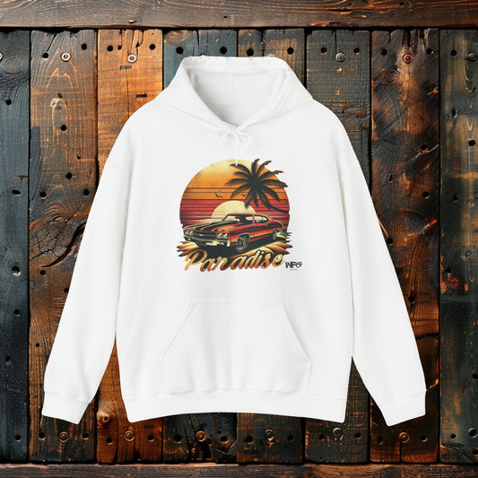 Chevelle Paradise 2 Classic American Muscle Car Hoodie Beach Island Travel Vintage Travel Beach Surfer Hooded Sweatshirt