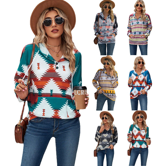 Bold Geometric Pattern Long Sleeve Loose Hoodie Button Pocket Sweatshirt Multiple Styles & Sizes