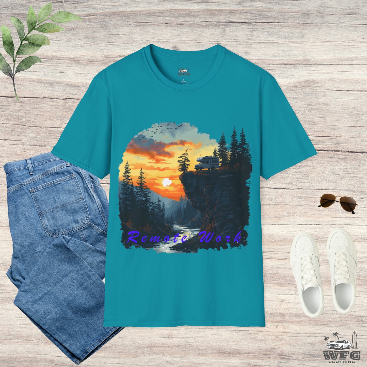 Remote Work Paradise T-Shirt - Wilderness Camper Van Sunset Tee - Digital Nomad Nature Office Shirt