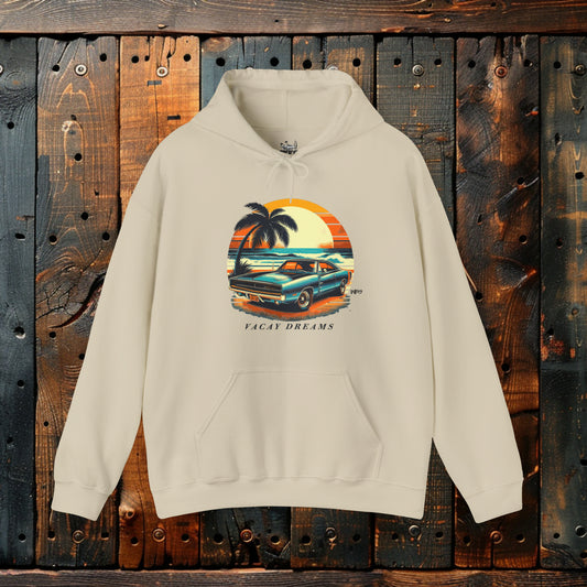 Vacay Dreams Charger Under the Moon Classic American Muscle Car Hoodie Sunset Beach Life Island Travel Hooded Sweatshirt